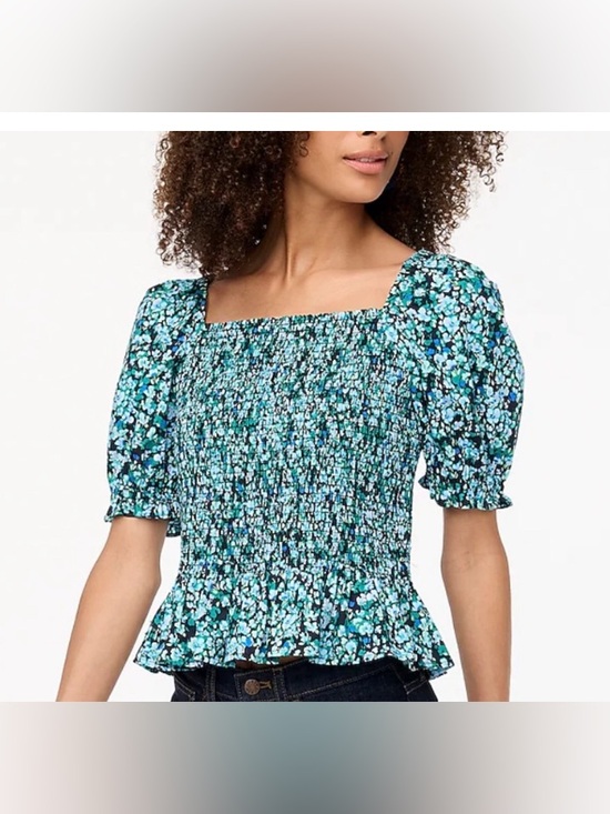 J. Crew Tops - J. Crew Teal and Black Floral Smocked Peplum Blouse